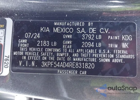 2024 Kia Forte Gt-Line z USA, uszkodzony, nr VIN 3KPF54AD4RE831820